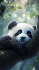 Baby panda resting on tree branch in soft forest light.