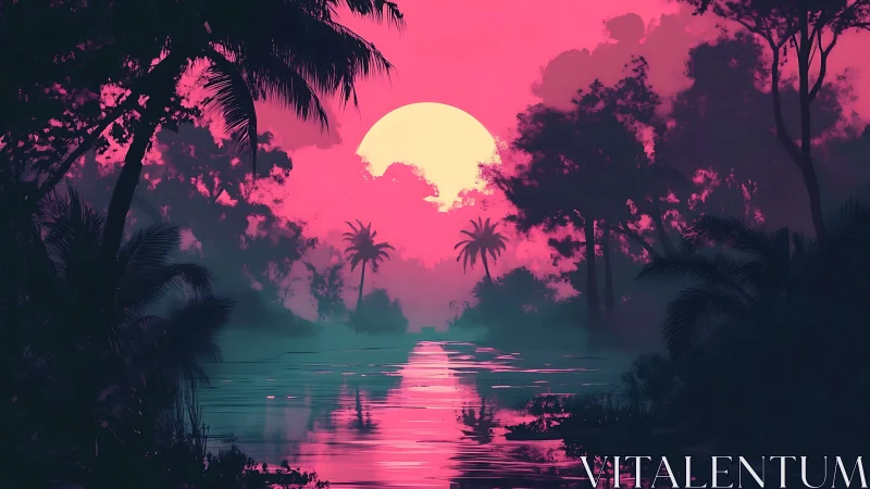 Bold neon sunset over tropical river and dense jungle silhouettes.