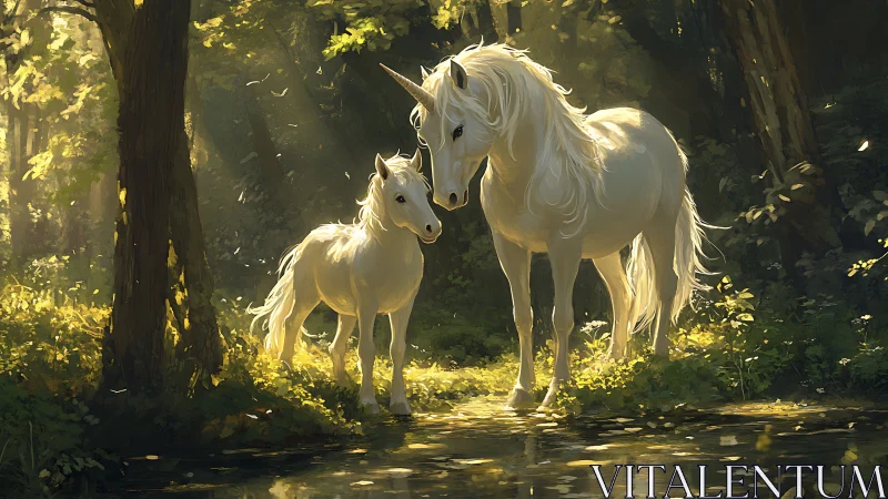 Sun-dappled unicorns trade quiet secrets beside forest brook