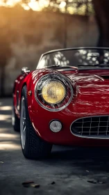 Sunlit classic red roadster gleams in soft golden light.