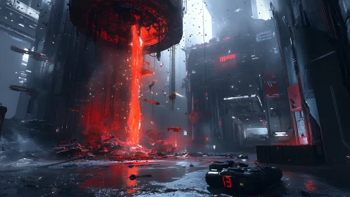 Molten reactor core erupts within a towering cyberpunk city