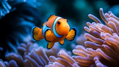 High-saturation clownfish portrait within soft-focus coral anemone
