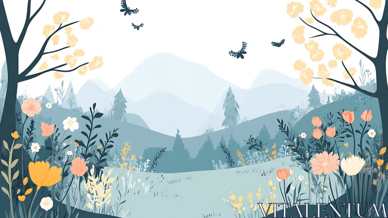 Mountain Valley Landscape with Wildflowers and Layered Forest Depth.