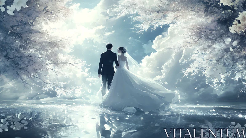 Ethereal newlyweds drifting beneath luminous blossom skies.
