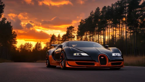 Black and orange supercar on forest road at sunset.