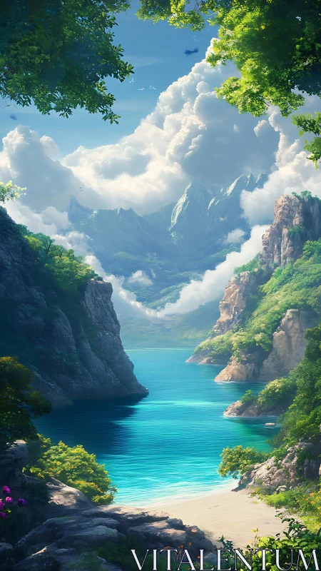 Hidden turquoise cove cradled by clouds and emerald peaks.