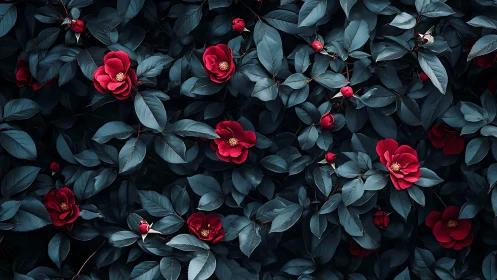 Red camellias among dark foliage viewed from above.