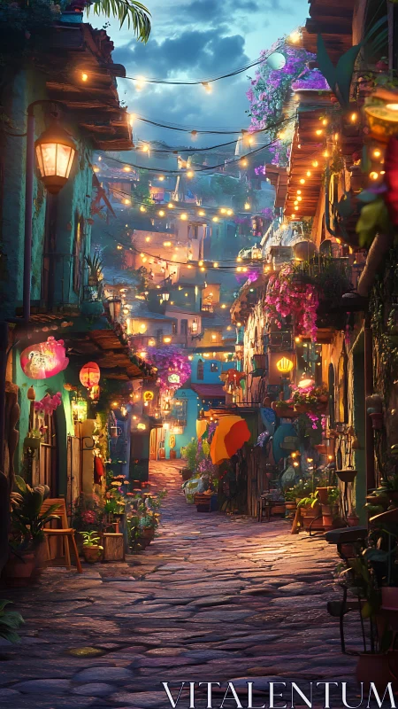 Lantern-lit hillside alley glows with flowers and color.