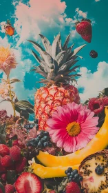 Tropical pineapple still life under surreal cyan sky.