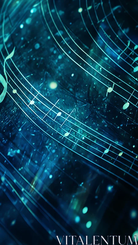 Glowing blue musical staff over abstract cosmic background.