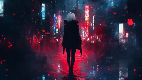 Neon drenched assassin silhouette in cyberpunk alleyway.