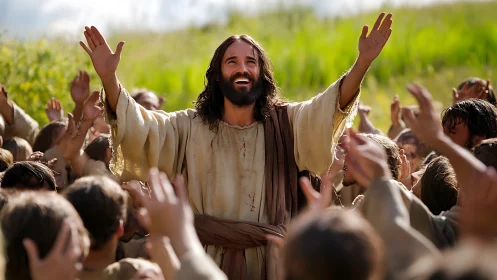 Joyful teacher raising hands among a celebrating crowd.