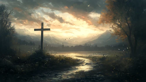 Wooden cross by reflective marsh at dramatic alpine sunrise
