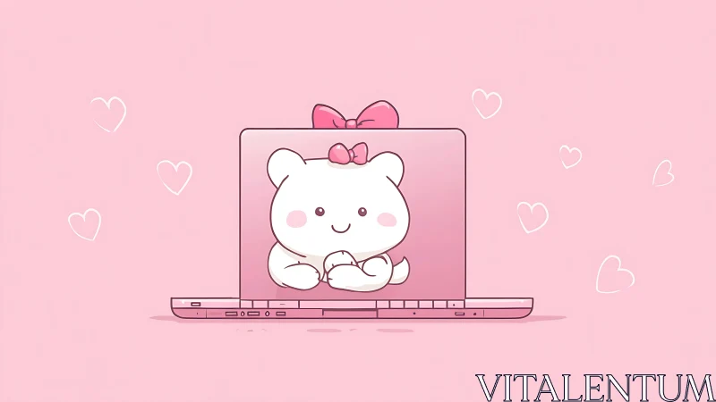 Cartoon bear with bow centered on pink laptop screen