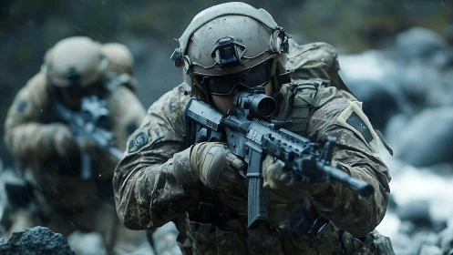 Special forces operator advances under cold mountain rain.