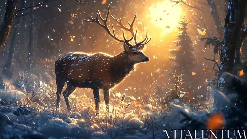 Golden winter sunlight wraps a calm stag in quiet wonder