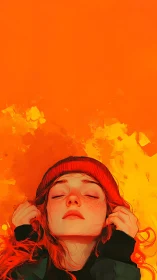 Portrait of red haired person in beanie against orange field.