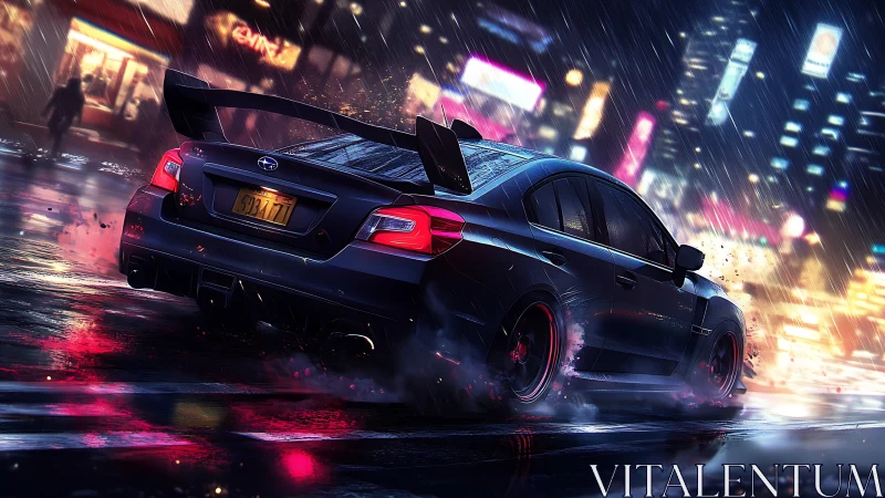 Sports car drifts through neon lit city street at night