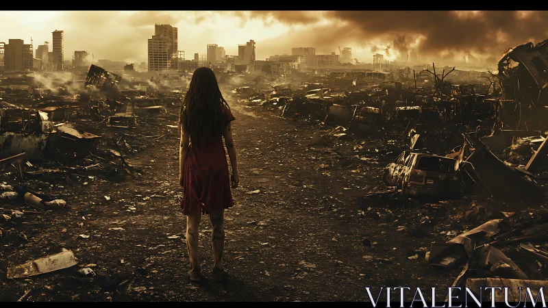 Solitary survivor crossing smoldering post‑apocalyptic ruins.