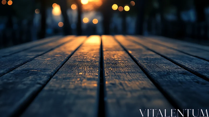 Soft sunset glow on worn wooden table under evening lights.