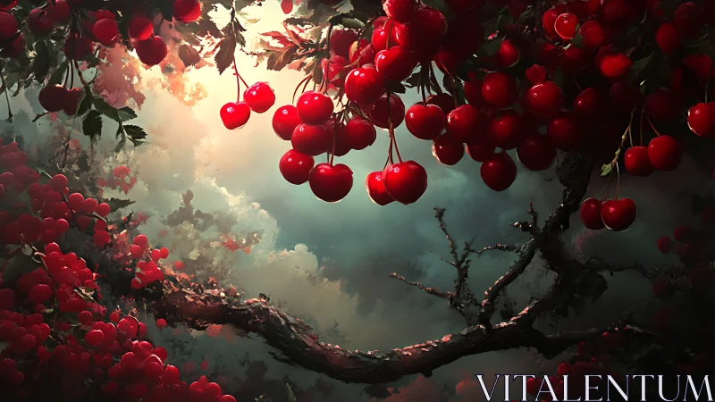 Sunlit cherry canopy over a dreamy painted sky.