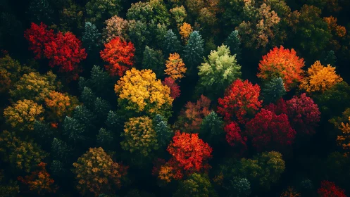 Autumn forest canopy glows with saturated multicolor foliage.