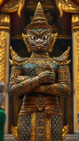 Golden temple guardian wrapped in sparkling mosaic armor.