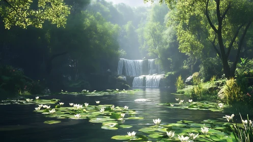 Lush forest waterfall and lily-covered pond in sunlight.