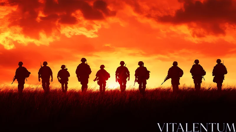 Silhouetted infantry squad advancing under incendiary sunset sky.