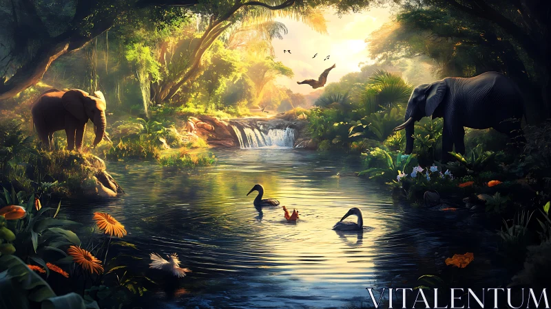 Lush jungle pond with elephants and birds at sunrise.