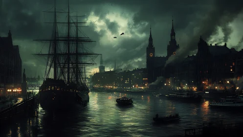Storm-lit harbor cityscape with tall ship and clocktowers.