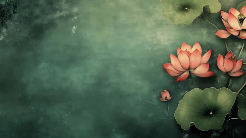 Lotus flowers on water with lily pads in muted tones