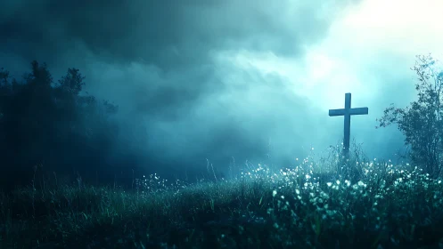 Wooden cross on misty hill under dramatic blue sky.