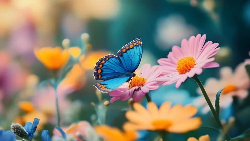 Blue butterfly on pink daisy in soft blurred flower field.