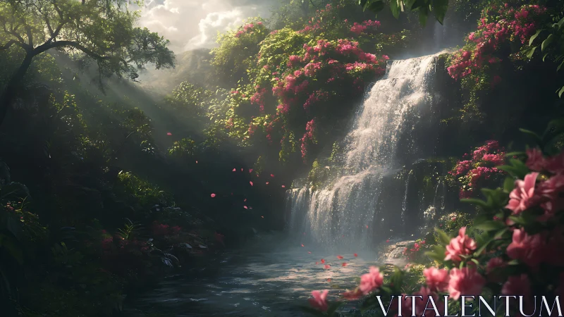 Waterfall and dense vegetation in filtered morning light.