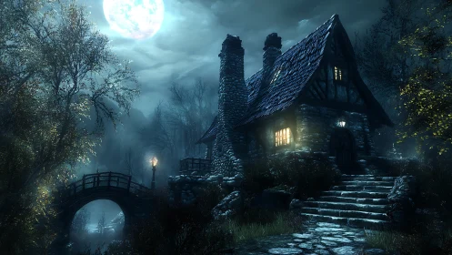 Moon-drenched witching cottage guarding a foggy forest path.