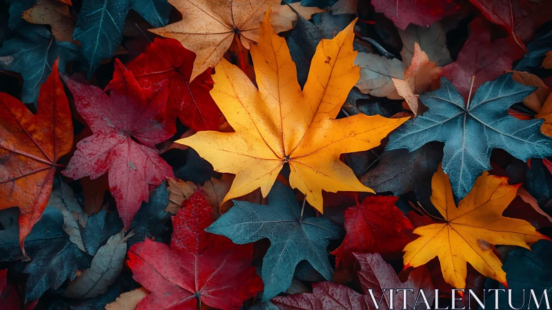 Golden maple leaves contrast with deep teal autumn bed.