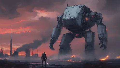 Lone explorer meets towering mech at a fiery sunset horizon.