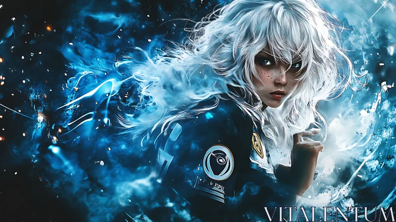 Starborn girl wrapped in swirling blue cosmic energy.