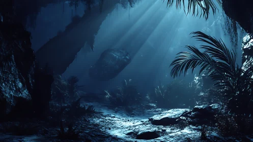Mystic jungle cavern under ethereal blue god rays.