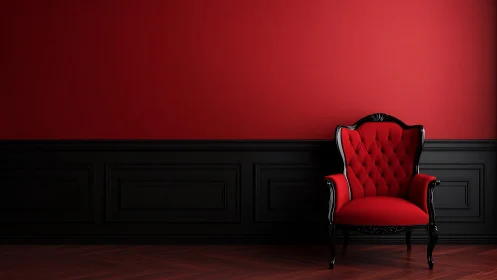 Red upholstered armchair in black wainscoted interior wall.