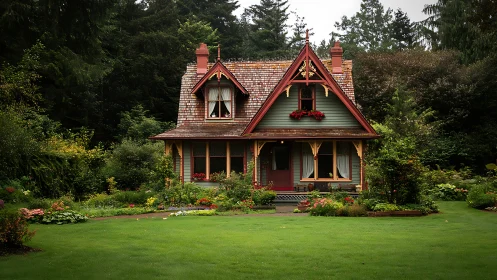 Charming cottage stands in lush garden clearing amid forest