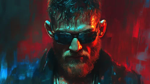 Bearded cyberpunk enforcer under neon red blue glow.