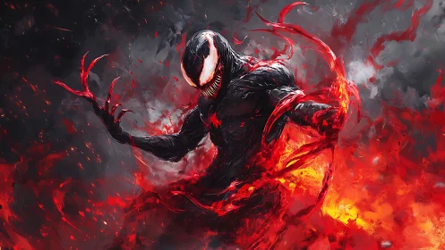 Dark symbiotic monster rises amid swirling red flames.