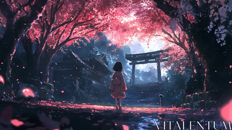 Girl under cherry blossoms walking toward shrine gate.