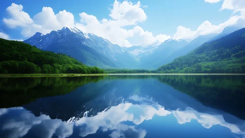 Symmetric alpine lake reflection with glaciated mountain ridges.