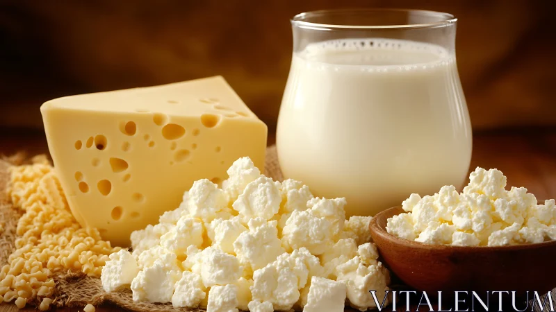 Dairy assortment with cheese, milk and cottage curds displayed.