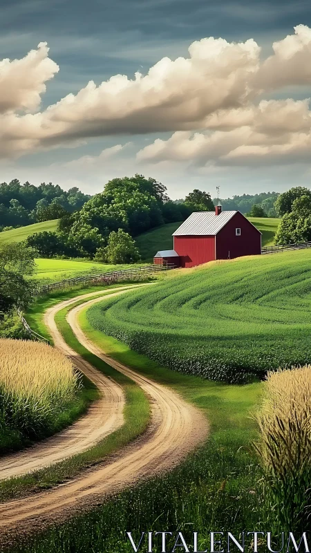 Red barn overlooks winding dirt road through summer hills
