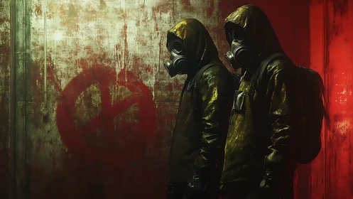 Twin hazmat operatives in toxic red industrial corridor