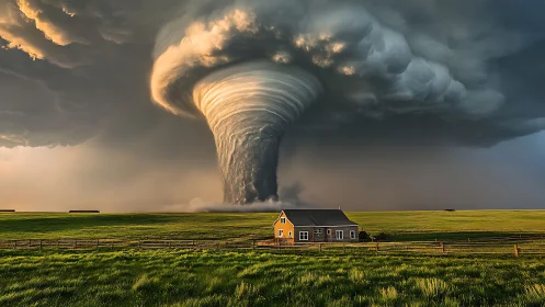 Spiraling supercell tornado looming over isolated farmhouse.